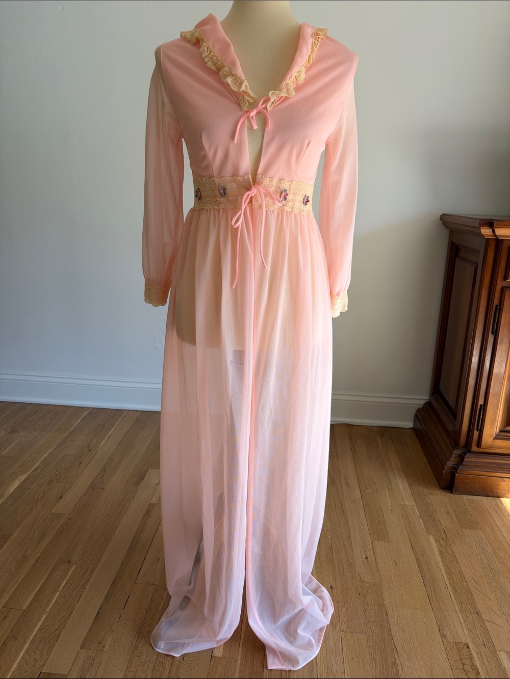 Vintage 70s Pink Sheer Peignoir Robe / Maxi Dress — Medium